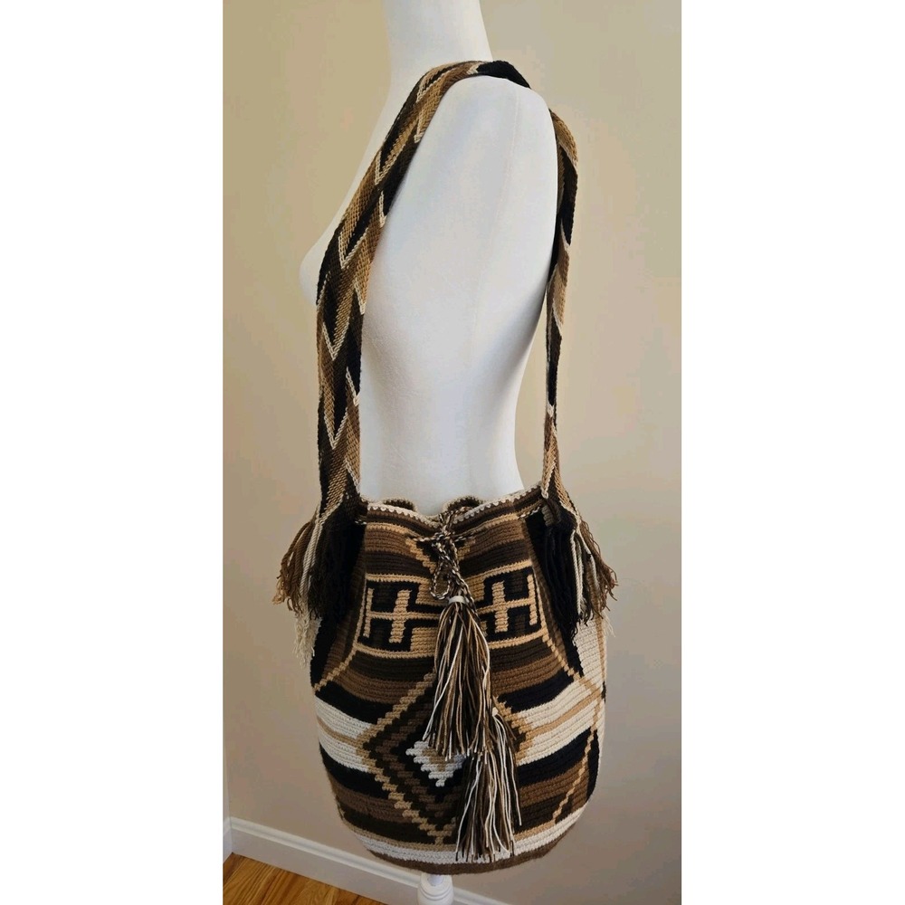 Authentic 100% Wayuu Mochila Colombian Large Handwoven Large Bag Neutral Browns
